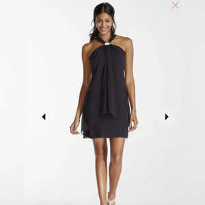 XSCAPE y-neck chiffon dress with rhinestone beaded brooch, size 6, Navy